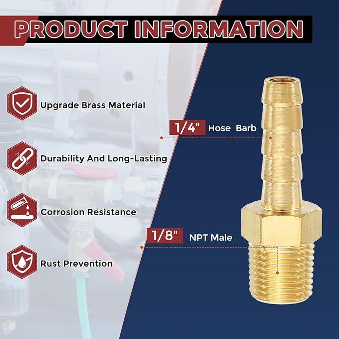 Pack of 2 Solid Brass Hose Barb Fittings 1/4" Hose Barb to 1/8" NPT Male Fittings for Home Machines, Massage Bathtubs, Air Compression and Irrigation Systems