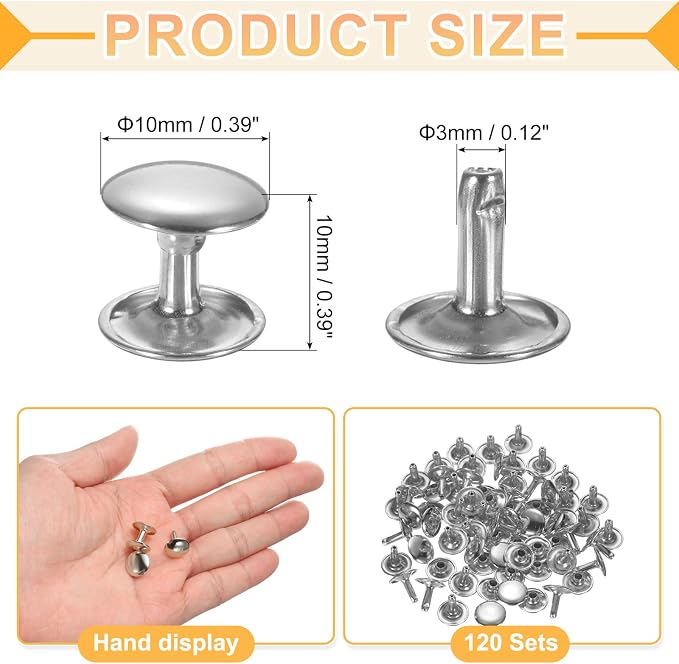 uxcell 120Set Leather Rivets, 10mm Double Cap Rivet Tubular Metal Studs Repairs Decoration Craft Accessories for Repair Decorate Leather Craft Belt Bag Shoes Purse Belts, Silver
