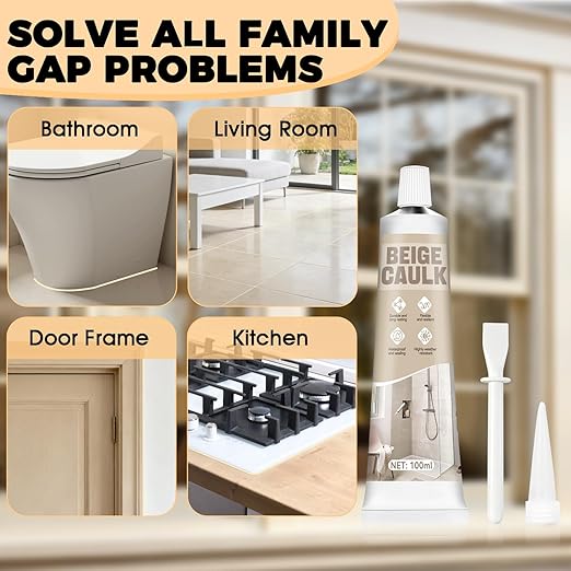 Beige Caulk, Silicone Caulk for Bathroom Shower Kitchen Tile Floor Sealing, Waterproof, Stronger Adhesion, Shrink & Crack Proof, with A Scraper for Applying Evenly, 100g