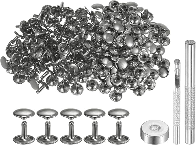 HARFINGTON 100 Sets Leather Rivets 12 x 12mm Metal Double Cap Rivet Snaps Studs Fasteners with 3pcs Setting Tools Rivets for Leather Craft DIY Repair Decoration, Gunmetal