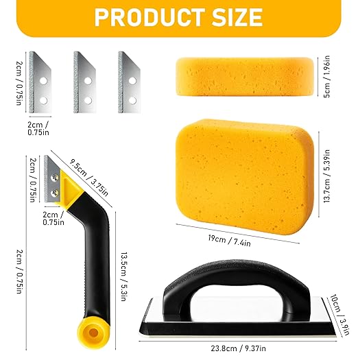 9 Pcs Grout Float Sets Include 9.5 x 4 Inch Molded Rubber Grout Float, 4 Sponge, Angled Tile Saw with 3 Blades Replacement, Removal Tool for Masonry Stucco Drywall Concrete(Yellow)