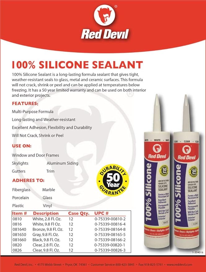 Red Devil 0816 100% Silicone Sealant Architectural Grade, 9.8 oz., White, 1 Pack