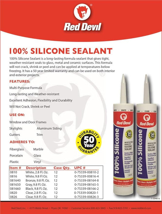 Red Devil 0816 100% Silicone Sealant Architectural Grade, 9.8 oz., White, 1 Pack