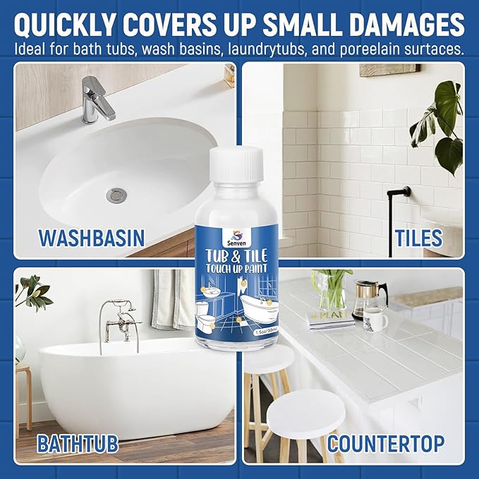 Porcelain Sink White Touch Up Paint, Gloss Tile Paint, Porcelain Repair Kit & Appliance Paint for Chips, Scratches, Cracks Spots on Enamel, Acrylic, Porcelains, Sink, Tubs, Bathtub, Appliances, Metal