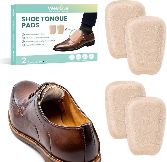 Shoe Tongue Pads for Men & Women - Welnove 2 Pairs Suede Memory Foam Shoe Padding Cushion Soft Self Adhesive Inserts Filler for Boots, Leather Shoes, Dress Shoes, Loafers (Beige, Size S)