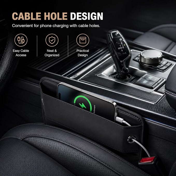 Premium Leather Car Seat Gap Filler Organizer, Universal Center Console Storage for Phone Keys Wallet, Car Accessories for SUV Truck Sedan(2Pack) (Black)