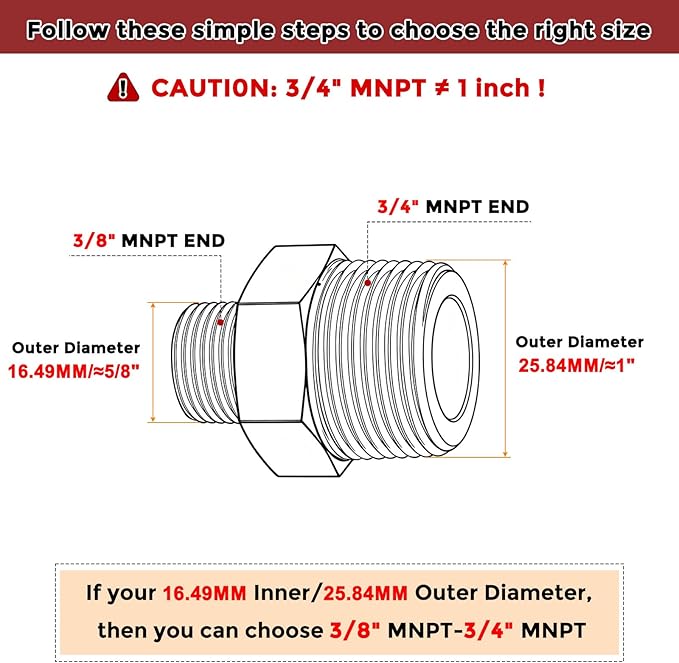Pack of 2, 3/4" NPT Male to 3/8" NPT Male Solid Brass Hex Nipple Hose Connectors, Male Pipe Adapter for Pipe Leak Repair, Bathroom Remodeling, Tool Extensions, Compression