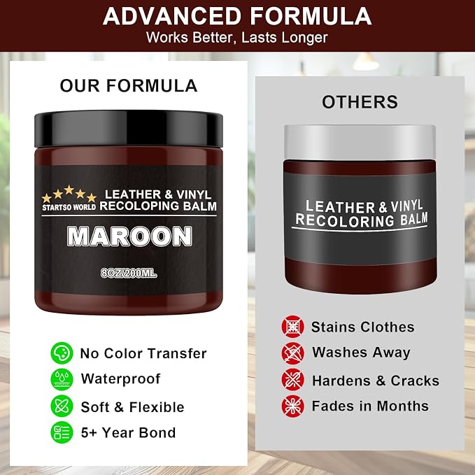 STARTSO WORLD Leather Recoloring Balm, Maroon Leather Repair Kit for Furniture, Leather Dye, Leather Color Restorer for Couches, Leather Couch Paint | Repair, Restore & Renew Old, Faded Leather