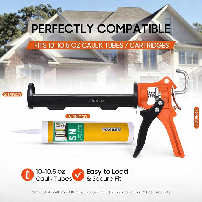 Finder 10 oz Caulking Gun, Standard Manual Caulk Gun for Silicone Sealant, Acrylic and Latex Cartridges, 360° Rotating Barrel, Smooth Pressure Control, 7.8 mm Push Rod, Hanging Hook, Gun Only