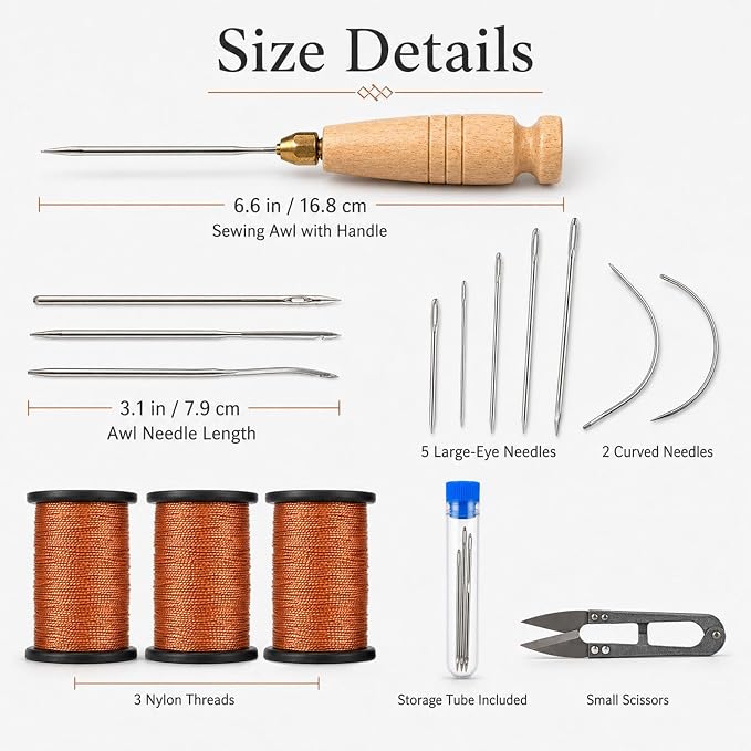 16Pcs Upholstery Repair Sewing Thread Kit,Leather Working Sewing Kit,Includs Sewing Awls & Scissors & Duty Household Hand Needles & Nylon Thread for Repairing Leather Shoes Furniture (Brown)