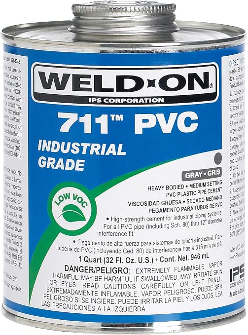 Weld-On 10119 711 Industrial Grade PVC Heavy-Bodied High Strength Solvent Cement - Medium-Setting and Low-VOC, Gray, 1 Quart (32 fl oz)