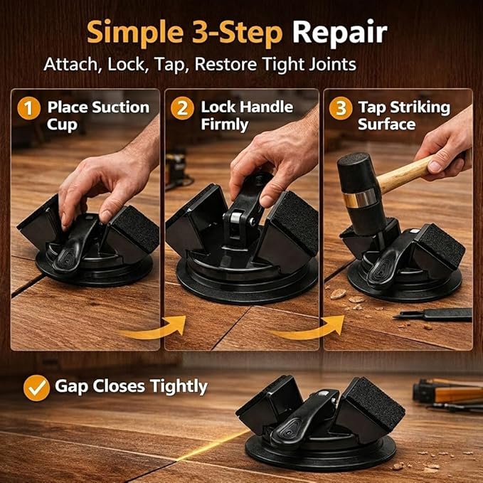 Floor Gap Fixer Tool, Heavy Duty Suction Cup Floor Gap Repair Tool for Vinyl Plank Laminate Flooring, 45° Striking Surface Plank Grabber with Gap Cutter, 5 Adhesive Pads Included, Black