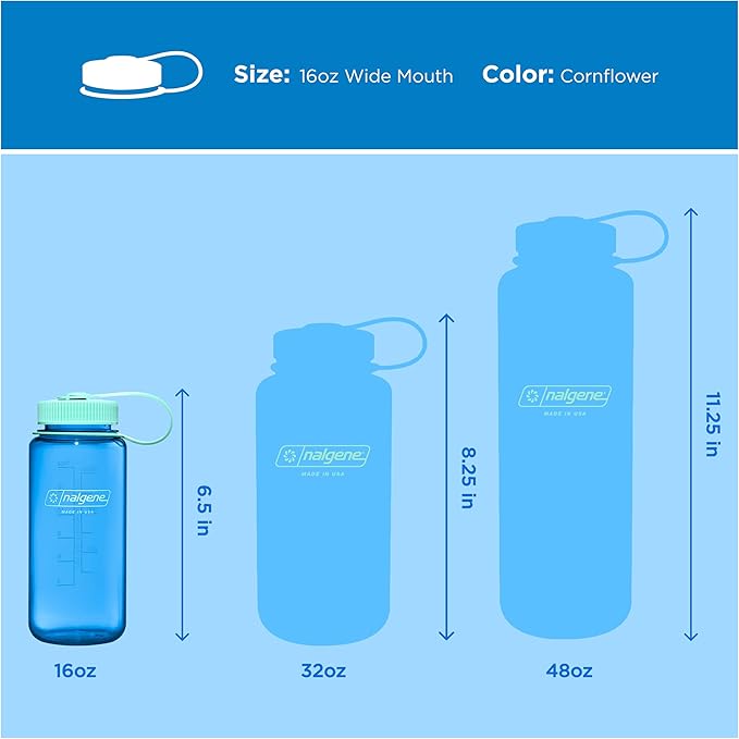 Nalgene 16 oz Wide Mouth Water Bottle | Slim Cup Holder Size, BPA-Free, Durable & Leak Proof, Lightweight Travel Bottle, Cornflower Blue