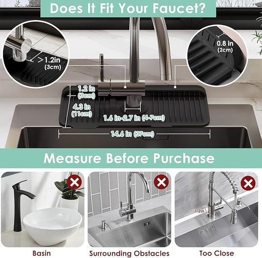 24 Inch Silicone Faucet Mat for Kitchen Sink Splash Guard - 7° Slope Water Draining Mat With Fasten Button for Bathroom Area (Black, 14.6''x5.5'')