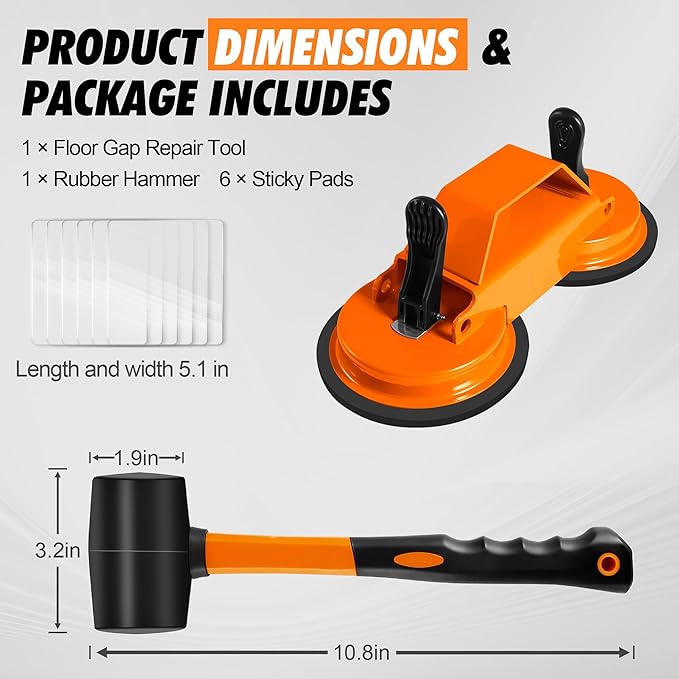 Floor Gap Fixer Tool with Dual Silicone Suction Cups & Rubber Hammer – 45° Angled Striking Surface, Includes Adhesive Pads – for Laminate, Vinyl Plank, SPC & Engineered Hardwood Floors