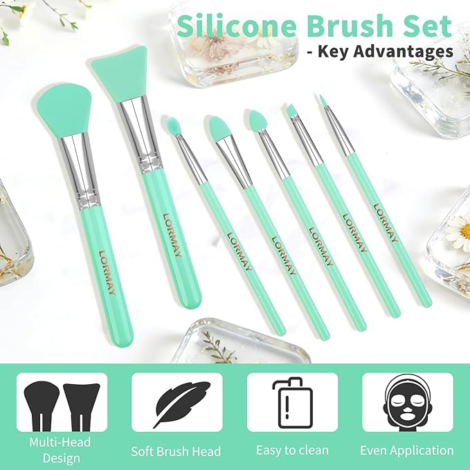 LORMAY 7 Pcs Silicone Brush Applicator Kit for UV Resin Epoxy Art Crafts and Cream Makeup Products, Mint Green