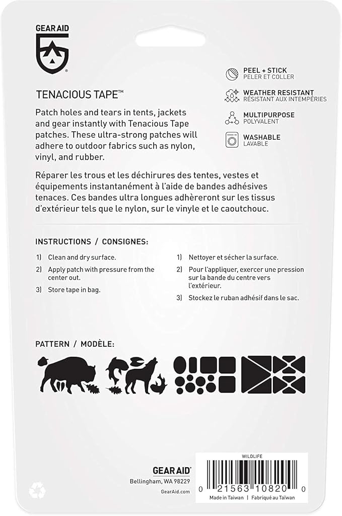 GEAR AID Tenacious Tape Repair Patches – Peel-and-Stick Nylon Gear Patches for Jackets, Tents, Sleeping Bags, Backpacks, and Outdoor Gear – Fix Rips, Tears, and Holes, Wildlife, 3”x20”