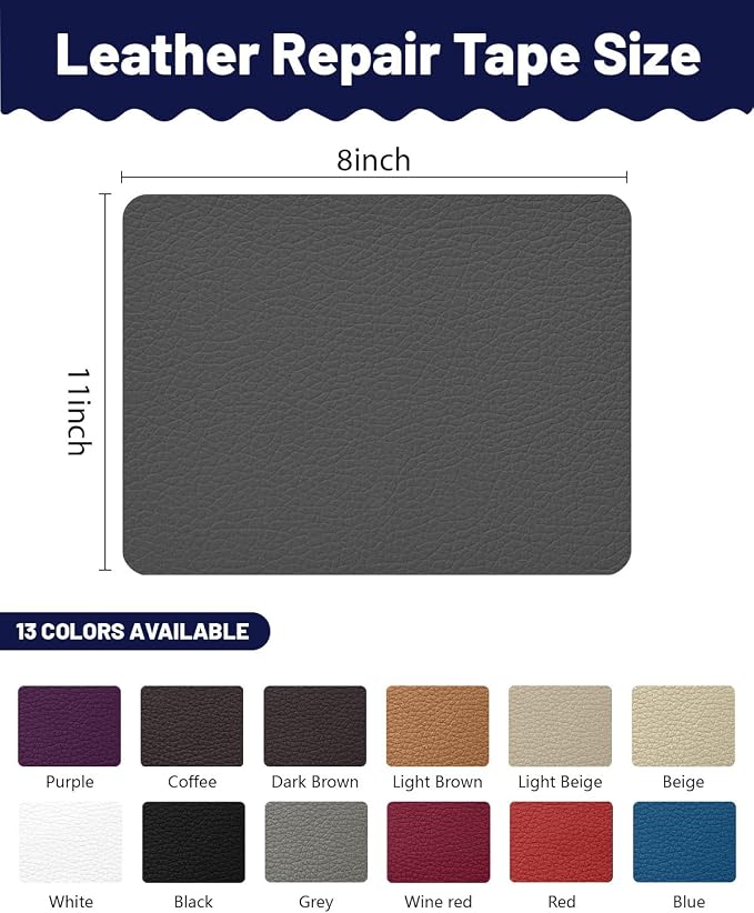 Leather Repair Patch Tape Kit,Self Adhesive Leather Repair for Sofa，Car Seat,Office Chair,Furniture,Jacket,Waterproof Strong Adhesive Vinyl Repair Kit. 8 in x 11 in,Dark Grey