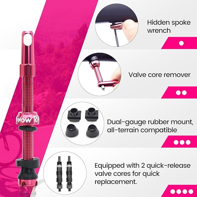 RideNow Tubeless Presta Valve Stems, 65mm Super Light 7075 Aluminum Alloy Presta Tubeless Valve Stem Kit with Valve Core Remover Tool and Valve Stem Caps, Multiple Color & Size Options(Pair), Rose Red