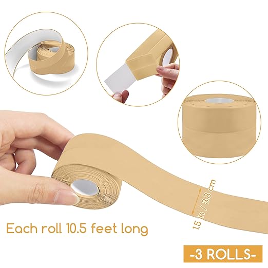3 Rolls 1.5 Inch Caulk Tape Self Adhesive Toilet Caulking Strip Bathroom Sealing Caulk Strip Peel and Stick Bathtub Caulking Tape, 10.5 Feet Each Roll (Almond)