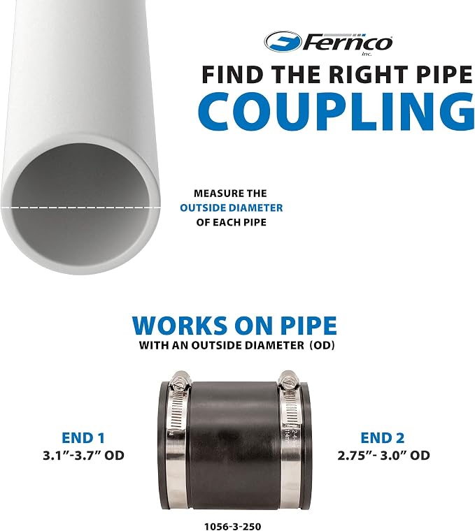 Fernco P1056-3/250 3-in. x 2.5-in. Cast Iron, Plastic and Steel Pipe Flexible Coupling Connector Adapter, 2-Pack
