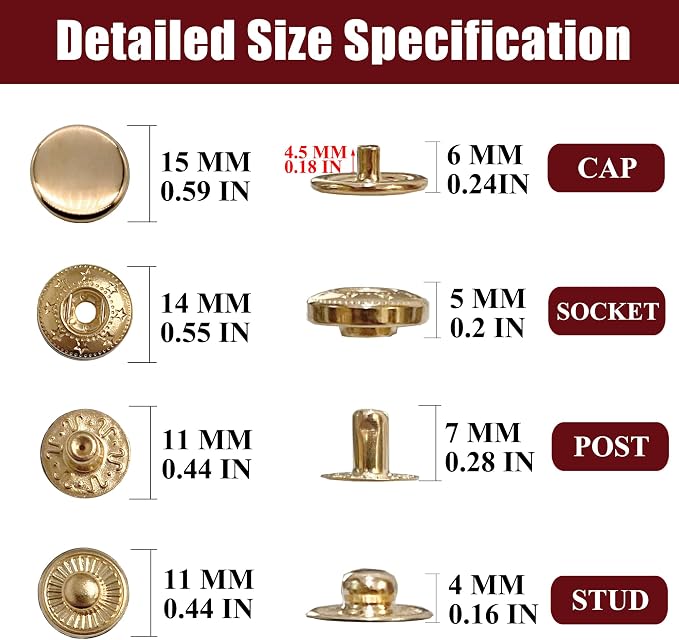 Raydodo 12 Set Leather Snap Fasteners Kit, 15mm Metal Snap Buttons Kit Press Studs with 4 Install Tools, Rivets and Snaps for Clothing, Jeans, Jackets, Bracelets, Bags (Gold)