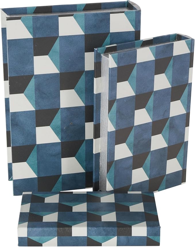 Deco 79 Faux Leather Decorative Box Faux Book Storage Book Shaped Boxes with Black and White Geometric Patterns, Set of 3 Decorative Keepsake Boxes 13", 11", 9"H, Blue