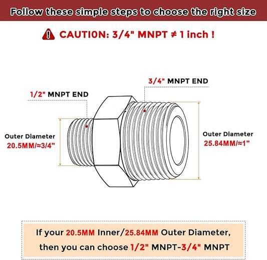 Pack of 4, 3/4" MNPT to 1/2" MNPT Solid Brass Hex Nipple Hose Connectors W/Sealing Tape, Male Pipe Adapter for Pipe Leak Repair, Bathroom Remodeling, Tool Extensions, Compression