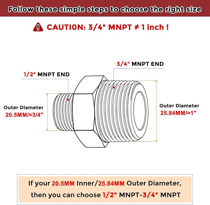 Pack of 2, 3/4" NPT Male to 1/2" NPT Male Solid Brass Hex Nipple Hose Connectors, Male Pipe Adapter for Pipe Leak Repair, Bathroom Remodeling, Tool Extensions, Compression