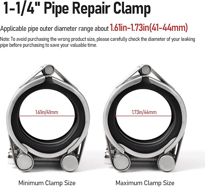 Upgraded Pipe Repair Clamp with M1 Self-Adhesive Leak-Sealing Tape | 304 Stainless Steel Rust-Proof Emergency Pipe Repair Kit for Plastic & Metal Pipes, 1-1/4"(41-44mm)