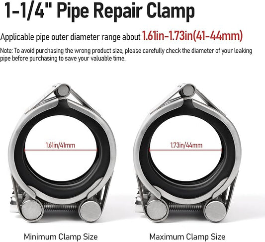 Upgraded Pipe Repair Clamp with M1 Self-Adhesive Leak-Sealing Tape | 304 Stainless Steel Rust-Proof Emergency Pipe Repair Kit for Plastic & Metal Pipes, 1-1/4"(41-44mm)