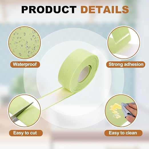 uxcell Caulk Tape Waterproof, 0.83 Inch x 10.5 ft Self-Adhesive Sealant Sealing Strip Caulking Sealant Tape PVC with Tool for Kitchen Sink Toilet Bathroom Bathtub Floor, Green