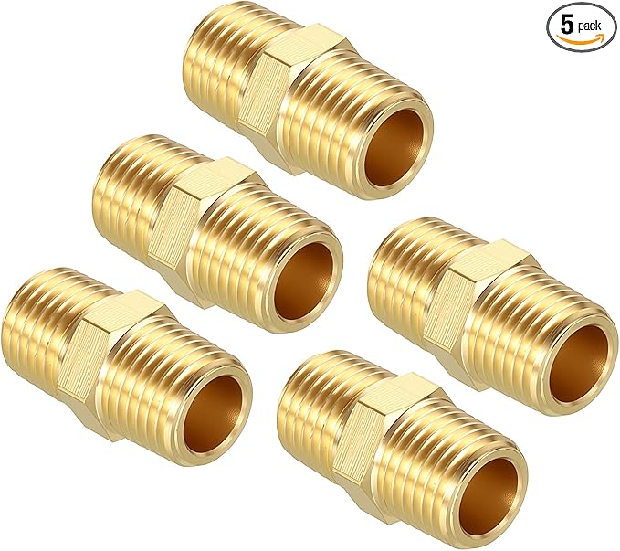 Pack of 5, 1/4" MNPT to 1/4" MNPT Solid Brass Hex Nipple Hose Connectors, Male Pipe Adapter for Pipe Leak Repair, Bathroom Remodeling, Tool Extensions, Compression