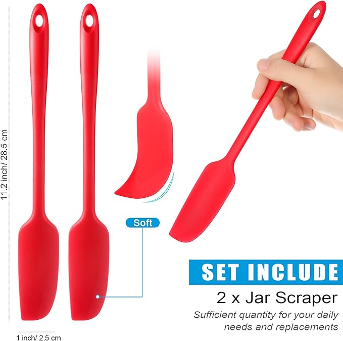 Patelai 2 Pieces Silicone Jar Spatula Long Handle Non-stick Rubber Scraper Heat Resistant Spatula Silicone Scraper for Jars, Smoothies, Blenders Cooking Baking Stirring Mixing Tools (Red)