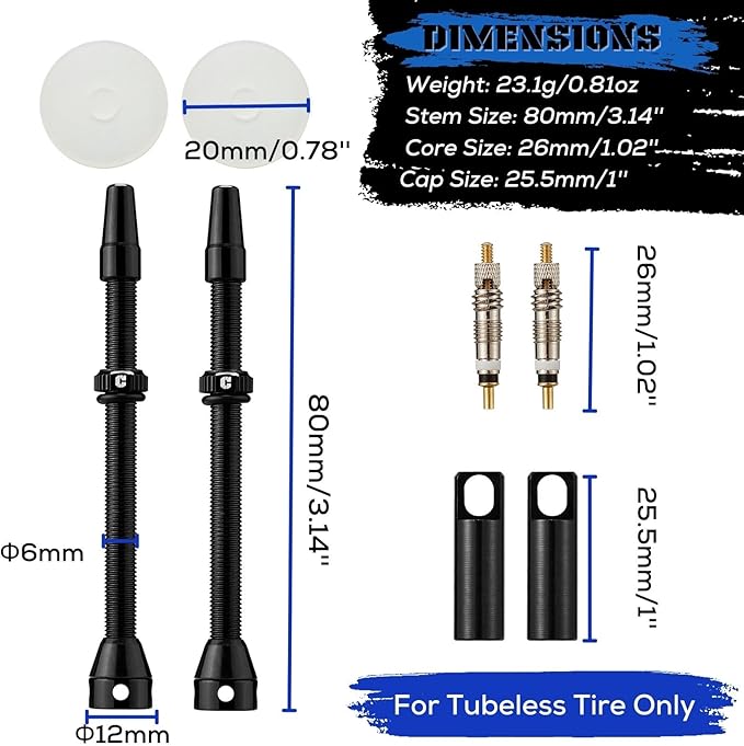 Corki Cycles Tubeless Presta Valve Stem 40 44 55 60 80 100mm with 2PCS Valve Core and 2PCS Remover Tool (Black Red Gold Rainbow)