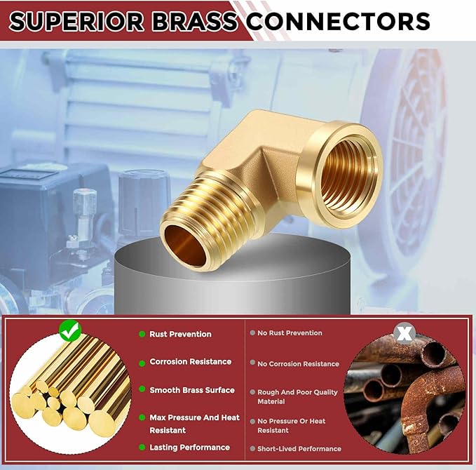 Pack of 5, 90° 1/4" FeMale NPT to 1/4" Male NPT Solid Brass Barstock Street Elbow, Forged Pipe Fitting for Pipe Leak Repair, Bathroom Remodeling, Tool Extension, Compression