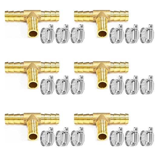 Da by 6 pcs 3/8"(10mm) Brass Tee Barb Fittings for 3/8" ID Hose,18 pcs Stainless Steel Pipe Clamps,3 Way Union Intersection for Water/Fuel/Air(T)