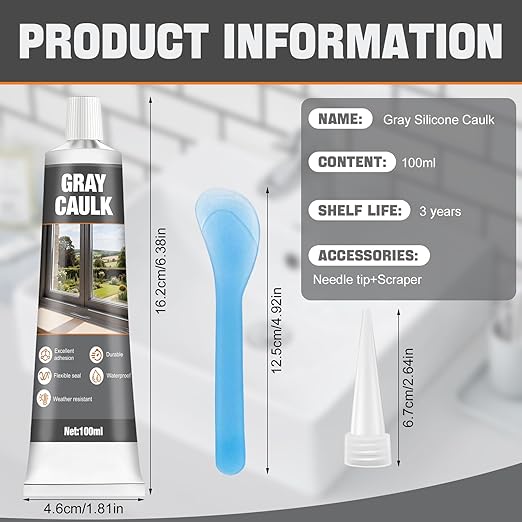Gray Caulk, Gray Silicone Caulk Grey Caulk Grey Caulking Waterproof Strong Elastic Adhesive Durable Excellent Sealing Ability for Bathrooms Kitchen Sinks Doors and Windows, 100ml