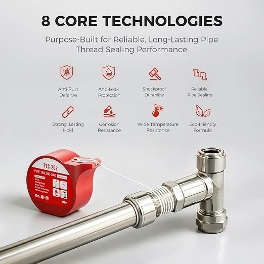 Ukoke 164ft Pipe Thread Sealant Cord for NPT Fittings (1/8”–4”) – Professional Plumber’s Grade Thread Seal String – Leak-Proof Upgrade for Water, Gas, HVAC & Solar – 50m