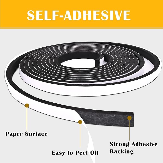 1/2 inch Wide x 1/4 inch Thick Single Sided Foam Weather Stripping, Closed Cell, High Density, Soundproof, Self-Adhesive Foam Insulation Strip for Door Frame, AC Window Units, Black