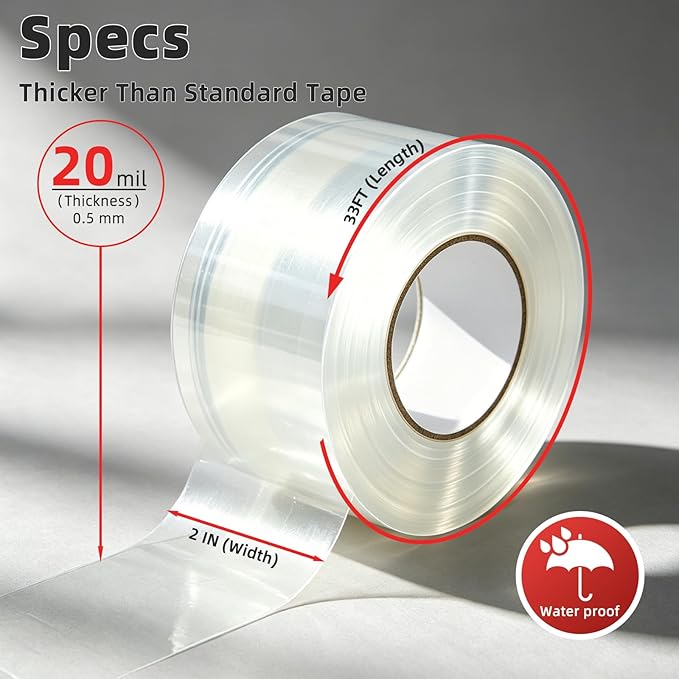 ESUFEIR Window Sealing Tape,20 Mil Thick Transparent Weather Seal Tape for Blocking Winter Drafts & Preventing Cool Air Loss in Summer,Waterproof & Oil-Resistant for Bathroom Kitchen (2" W x 33' L)