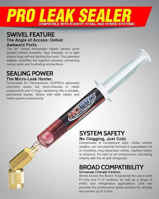 HCPRO HCLEAK12R Pro Leak Sealer with 45° Swivel Adapter for Easy Access Application 12 Applications 0.25 FL Oz. for AC, Refrigeration, and Automotive Systems Compatible with All Refrigerants.