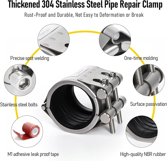 Upgraded Pipe Repair Clamp with M1 Self-Adhesive Leak-Sealing Tape | 304 Stainless Steel Rust-Proof Emergency Pipe Repair Kit for Plastic & Metal Pipes, 2" (56-59mm)