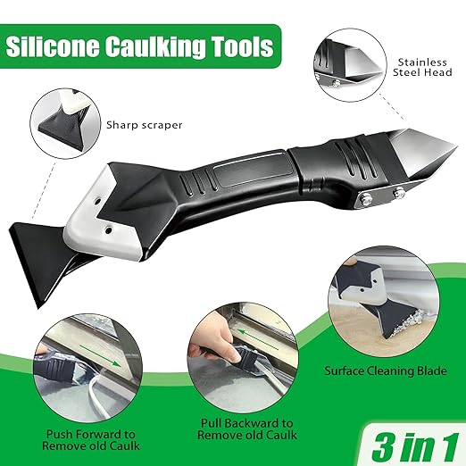 3 in 1 Silicone Caulking Tools, 11 Pack Grout Removal Sealant Finishing Tool with Scraper(Stainless Steelhead), 5 Exchange Silicone Pads, Ideal for Kitchen, Bathroom, Tub Tile, Window Sealing
