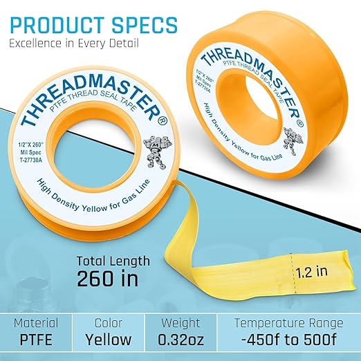 TAPEWELL Yellow Gas Teflon Tape, Pipe Thread Sealant, 260" Length 1/2" Width, for Propane, Natural Gas, & More, Pack of 2 (6)