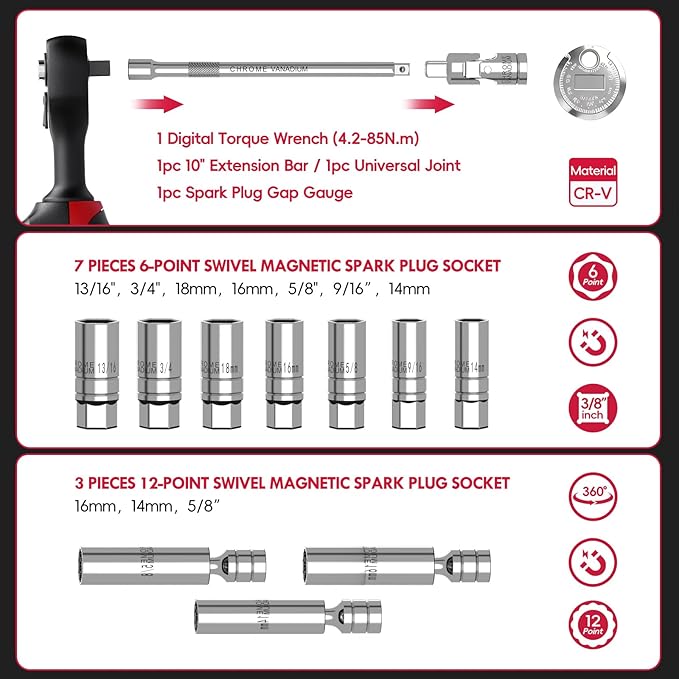 14-Piece 3/8-Inch Drive Spark Plug Socket Set with Torque Wrench (3-62.6 Ft.Lb / 4.2-85 N.m), Magnetic Swivel Socket, Universal Joint & Extension Bar, CR-V Steel for Auto Repair