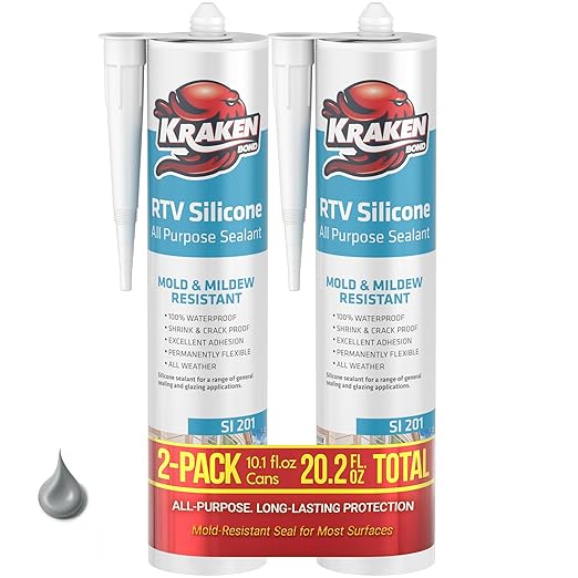 Kraken Bond Gray Silicone Sealant Waterproof% 100-10 fl oz Cartridge - RTV Silicone Caulk Kitchen and Bathroom, All Purpose, Window Caulking Sealant Outdoor, RV, Exterior Use Silicon - 2 Pack