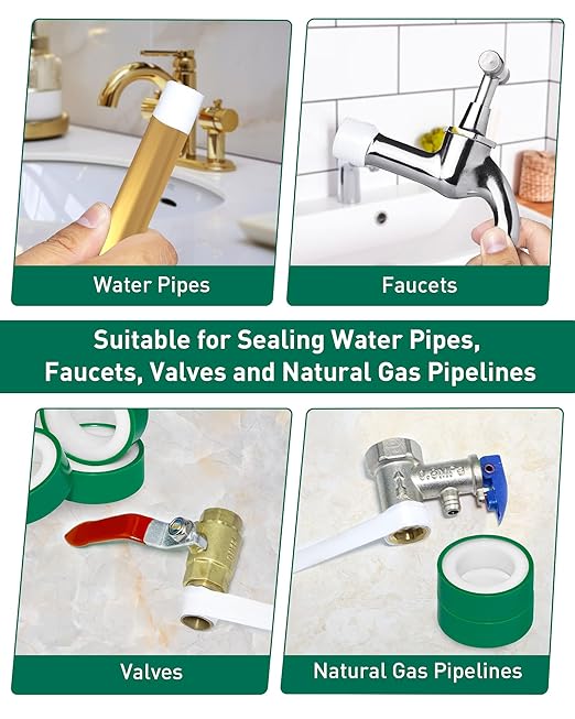 4 Roll Plumbers Tape, -374 to 536 Degree F Temperature Range, Teflon Plumbing Tape, High Density 0.45g/cm, Used for Water Pipes, faucets, valves, L 390 in x W 0.47 in³.Green