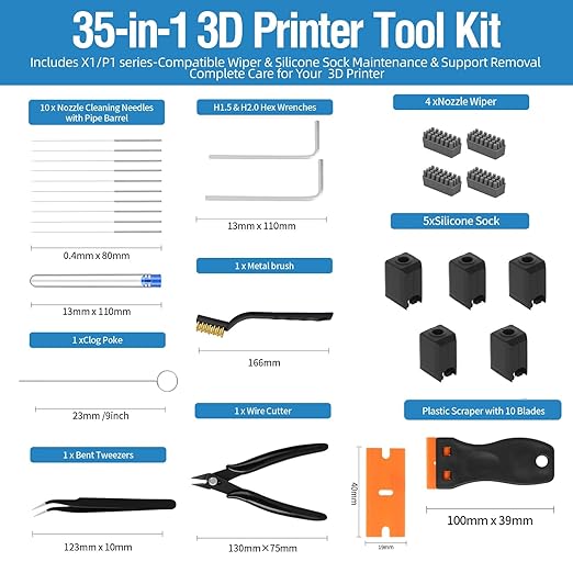 35Pcs 3D Printer Tool Kit Compatible with Bambu Lab X1/X1C/X1E/P1P/P1S, 5X Silicone Sock, 4X Nozzle Wiper, Clog Poke, Scraper, Flush Cutter & Tweezers for 3D Printer Maintenance, Cleaning & Removal