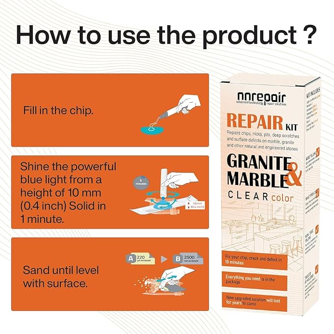 Granite Countertop Repair Kit (Clear Color + Polisher) - Made by Engineers I Also for Marble, Quartz, Acrylic, Fiberglass, Porcelain, Tile & Ceramic Surfaces I Easy Process & Quick Results